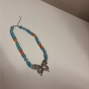 Silver Butterfly Pendant with Turquoise and Orange Beads Necklace